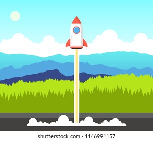 Rocket launch and smoke. Startup project concept. Mountains and forest landscape on background. Vector illustration.