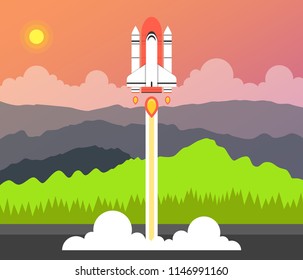 Rocket launch and smoke. Startup project concept. Mountains and forest landscape on background. Vector illustration.