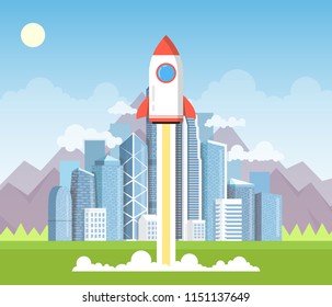 Rocket launch and smoke. Startup project concept. Clouds and town on background. Vector illustration.