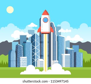 Rocket launch and smoke. Startup project concept. Clouds and town on background. Vector illustration.