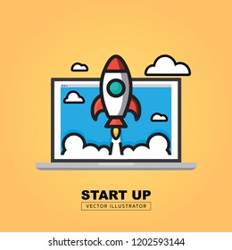 Rocket launch and smoke. Startup project concept. Vector illustration.