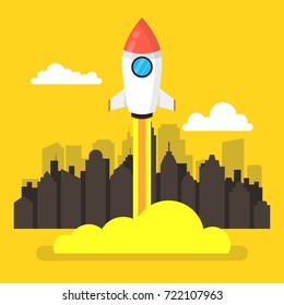 Rocket launch and smoke. Startup project concept. Clouds and town on background. Vector illustration.