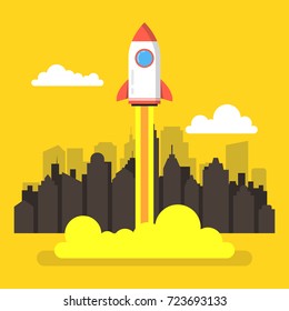Rocket launch and smoke. Startup project concept. Clouds and town on background. Vector illustration.