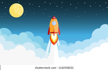 Rocket launch and smoke through cloud into space. Startup - flat design. Vector illustration.