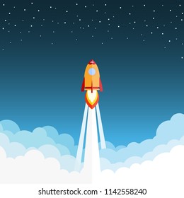 Rocket launch and smoke through cloud into space. Startup - flat design. Vector illustration.