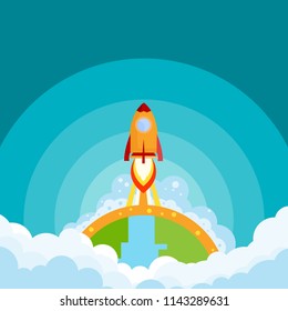 Rocket launch and smoke through cloud into space. Startup - flat design. Vector illustration.