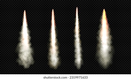 Pista de humo de lanzamiento de cohetes con vector de llama de fuego. Efecto de velocidad de explosión de despegue de chorros aislado y realista. Rasgo blanco de naves espaciales con vía de vapor en el aire. Arranque el motor de arranque del avión.