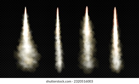 Rocket launch smoke trail with fire flame vector. Isolated realistic jet takeoff explosion speed effect. White spacecraft spray set with steam track in air. Airplane start engine burst take off.