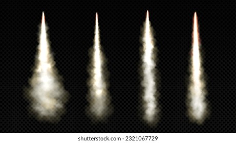 Pista de humo de lanzamiento de cohetes con vector de llama de fuego. Efecto de velocidad de explosión de despegue de chorros aislado y realista. Rasgo blanco de naves espaciales con vía de vapor en el aire. Arranque el motor de arranque del avión.