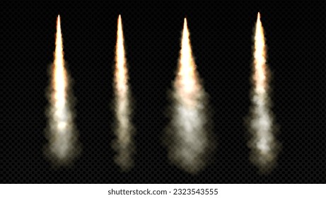 Pista de humo de lanzamiento de cohetes con vector de llama de fuego. Efecto de velocidad de explosión de despegue de chorros aislado y realista. Rasgo blanco de naves espaciales con vía de vapor en el aire. Arranque el motor de arranque del avión.