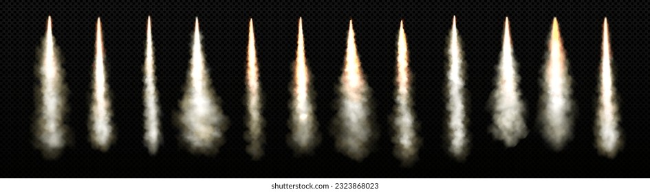 Pista de humo de lanzamiento de cohetes con vector de llama de fuego. Efecto de velocidad de explosión de despegue de chorros aislado y realista. Rasgo blanco de naves espaciales con vía de vapor en el aire. Arranque el motor de arranque del avión.