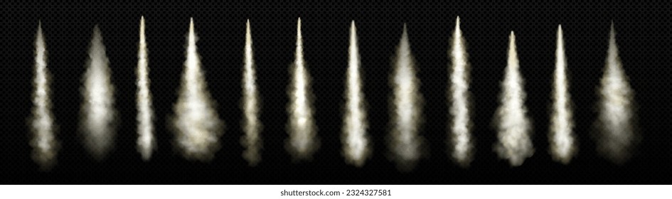 Rocket launch smoke trail vector. Isolated realistic jet takeoff explosion speed effect. White spacecraft spray set with steam track in air. Airplane start engine burst take off, aviation show