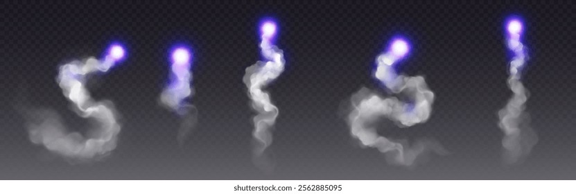 Rocket launch smoke trails with glowing purple engine flames - curling white exhaust streams, luminous thrust patterns, curved vapor formations. Spacecraft particle and space mission visual effects.