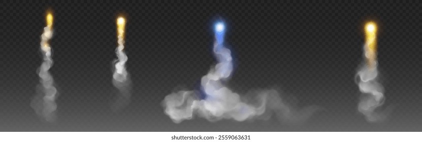 Rocket launch smoke trails set with glowing particles effects - upward paths from yellow or blue bright explosions to white smoky wisps on transparent background. Spaceship or missile flight effects.