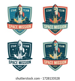 Rocket launch to the space - astronaut retro shield. Spaceship start - vintage badge. Vector illustration.