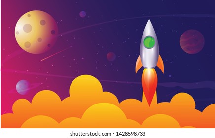 Rocket launch and space background with abstract shape and planets. Web design. space exploring. vector illustration