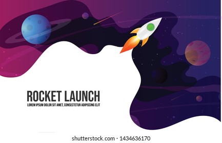 Rocket launch and space background with abstract shape and planets. Web design. space exploring. vector illustration