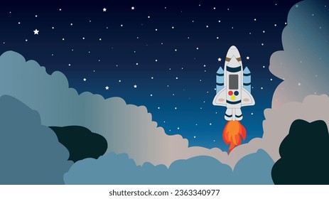 Rocket launch to the Space. Cute space background with stars, rocket, clouds, smoke. Vector Illustration. World space week. World Science Fiction Day.