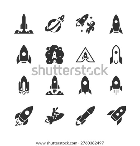 Rocket launch and space exploration, monochrome icons set. Spacecraft, astronaut flight, rocket startup, space mission, launch process, universe travel. Black and white symbols style