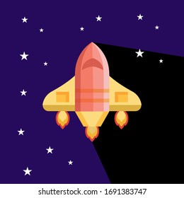 Rocket launch in space in a flat style. Starship startup in space. The shuttle takes off on the clouds. vector illustration