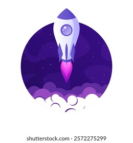 Rocket launch, space futuristic colorful background with planets and stars. Cartoon starship, spaceship in night sky. Solar system, galaxy and universe exploration. Vector illustration