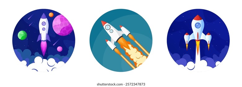 Rocket launch, space futuristic colorful background with planets and stars. Cartoon starship, spaceship in night sky. Solar system, galaxy and universe exploration. Vector illustration