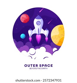 Rocket launch, space futuristic colorful background with planets and stars. Cartoon starship, spaceship in night sky. Solar system, galaxy and universe exploration. Vector illustration