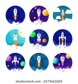 Rocket launch, space futuristic colorful background with planets and stars. Cartoon starship, spaceship in night sky. Solar system, galaxy and universe exploration. Vector illustration