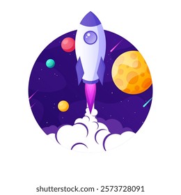 Rocket launch, space futuristic colorful background with planets and stars. Cartoon starship, spaceship in night sky. Solar system, galaxy and universe exploration. Vector illustration