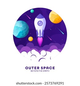 Rocket launch, space futuristic colorful background with planets and stars. Cartoon starship, spaceship in night sky. Solar system, galaxy and universe exploration. Vector illustration