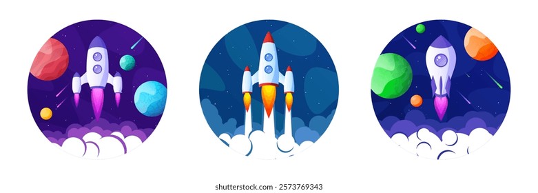 Rocket launch, space futuristic colorful background with planets and stars. Cartoon starship, spaceship in night sky. Solar system, galaxy and universe exploration. Vector illustration