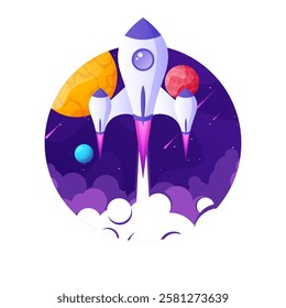 Rocket launch, space futuristic colorful background with planets and stars. Cartoon starship, spaceship in night sky. Solar system, galaxy and universe exploration. Vector illustration