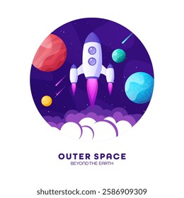 Rocket launch, space futuristic colorful background with planets and stars. Cartoon starship, spaceship in night sky. Solar system, galaxy and universe exploration. Vector illustration