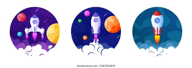 Rocket launch, space futuristic colorful background with planets and stars. Cartoon starship, spaceship in night sky. Solar system, galaxy and universe exploration. Vector illustration