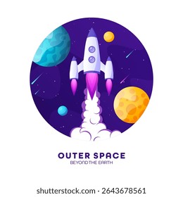 Rocket launch, space futuristic colorful background with planets and stars. Cartoon starship, spaceship in night sky. Solar system, galaxy and universe exploration. Vector illustration