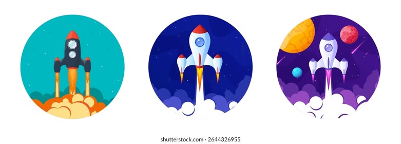 Lançamento de foguetes, espaço futurista fundo colorido com planetas e estrelas. Nave estelar, nave espacial no céu noturno. Exploração do sistema solar, galáxia e universo. Ilustração vetorial