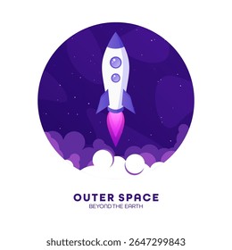 Rocket launch, space futuristic colorful background with planets and stars. Cartoon starship, spaceship in night sky. Solar system, galaxy and universe exploration. Vector illustration