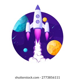 Rocket launch, space futuristic colorful background with planets and stars. Cartoon starship, spaceship in night sky. Solar system, galaxy and universe exploration. Vector illustration