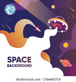 rocket launch in space with Galaxy universe landscape background with Flying saucer in starry sky clouds. Cardboard cutout Saturn planet and UFO. Vector illustration