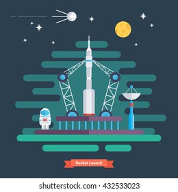 Rocket launch. Space landscape with rocket, spaceman, satellite, moon and stars. Flat design vector illustration.