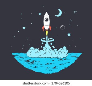 rocket launch to space from Moon.Cartoon vector illustration