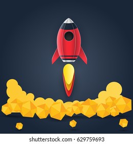 Rocket launch space paper art style , start up business concept and exploration idea. vector illustration.