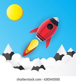 Rocket launch space paper art style , start up business concept and exploration idea. vector illustration.