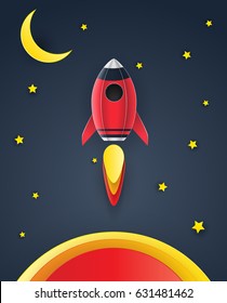 Rocket launch space paper art style , start up business concept and exploration idea. vector illustration.