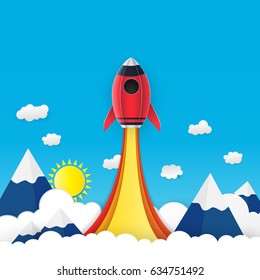 Rocket launch space paper art style , start up business concept and exploration idea. vector illustration.