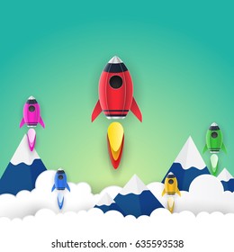 Rocket launch space paper art style , start up business concept and exploration idea. vector illustration.