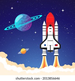 Rocket launch in space ,planets stars dark sky illustration vector