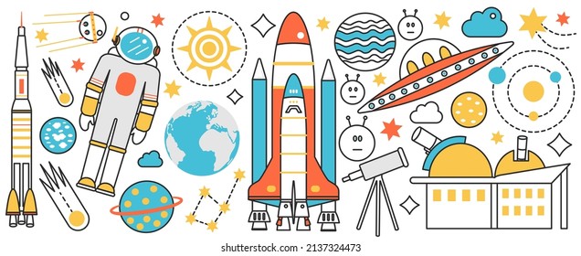 Rocket launch and space science technology. Astronaut in suit, satellite, ufo ship and astronomy objects fly in cosmos with planet and comet meteor in infographic concept banner, thin line art design