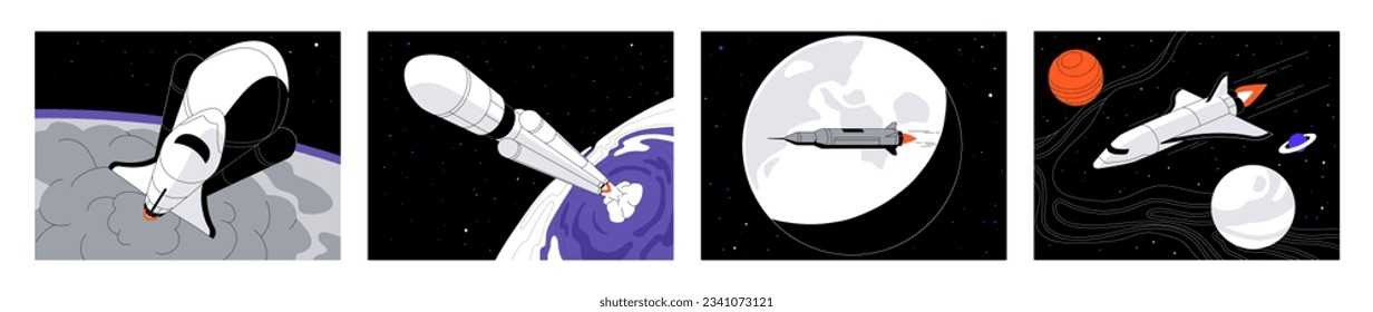 Rocket launch in the space set. Spaceship in cosmos between stars and planets. Start shuttle for discovery galaxy, universes, mars. Spacecraft on the background of the moon. Flat vector illustration