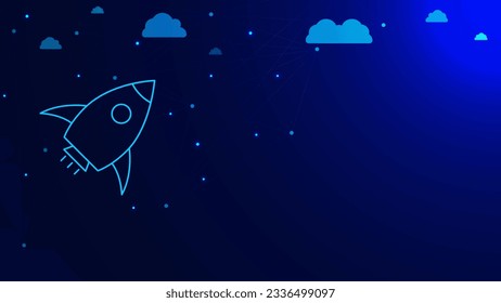 Rocket launch or space ship for business startup concept with cloud and connecting dots lines. Business technology background. Vector illustration.